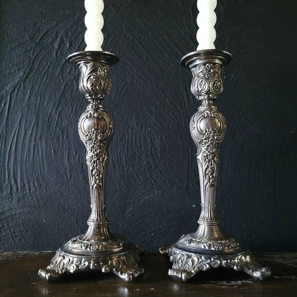 Antique Silverplate Candle Holders Victorian Rose Pattern Ornate Baroque Floral - Picture 2 of 11